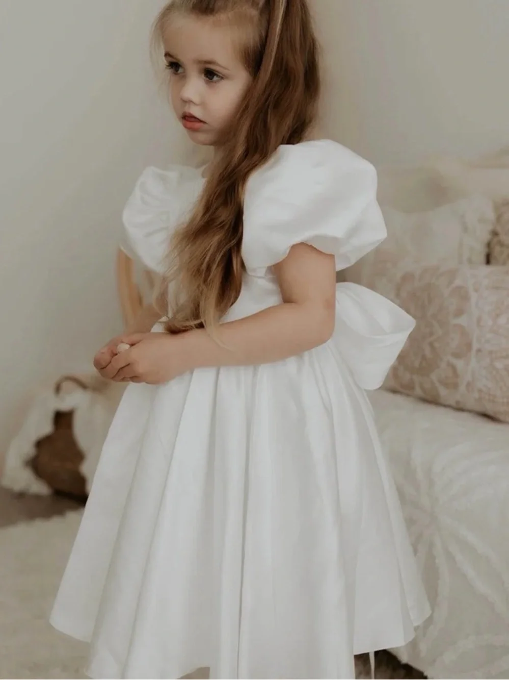 Rylee + Cru White Satin Puff-Sleeve Formal Dress
